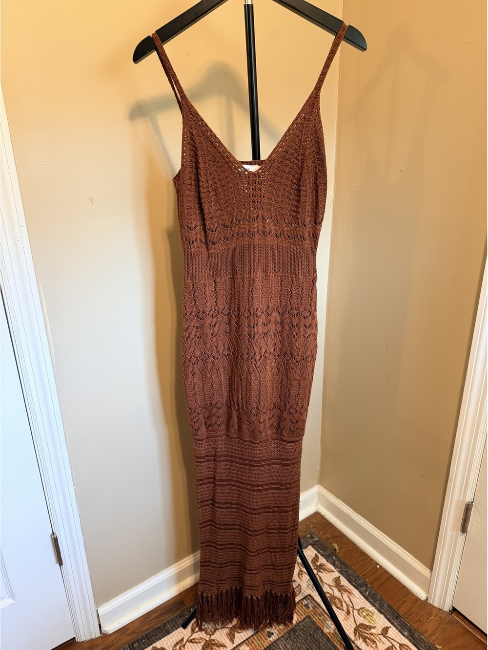 Lush Brown Crochet Knit Fringe Halter Maxi Dress Boho